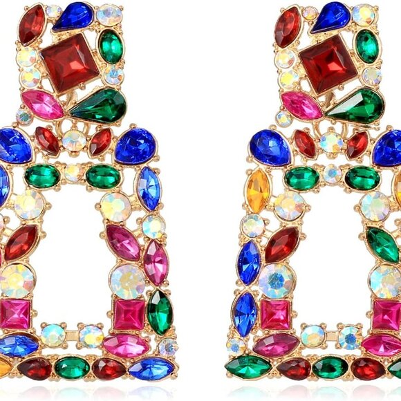 Chunky Geometric Rhinestone Dangle Earrings for Women Statement Jewelry - Picture 1 of 8